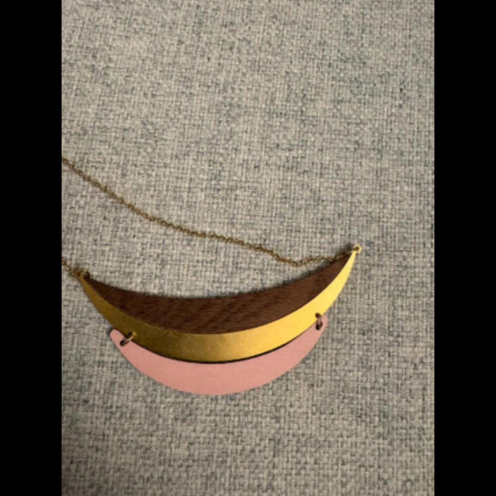 Pink, gold, and wood-designed necklace